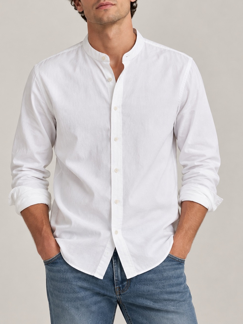 Zara Men’s White Mandarin Collar Button-Up Shirt Size M